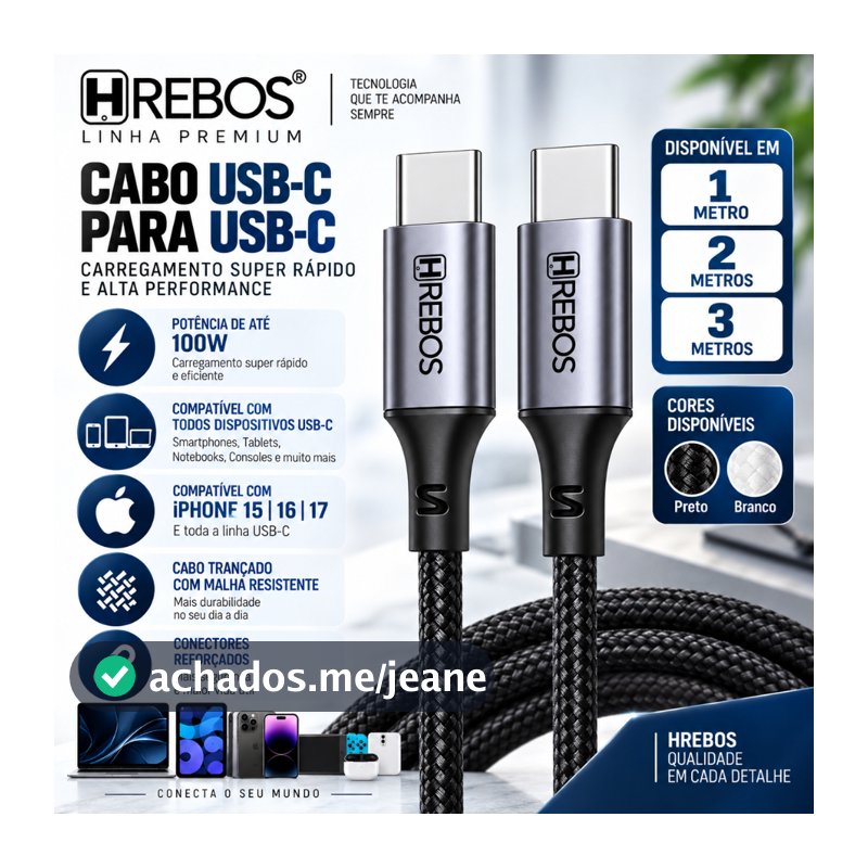 Cabo Tipo C 100w Turbo 1m 2m 3m Trançado Nylon Celular Notebook Tablet Samsung Iphone 15 16 17