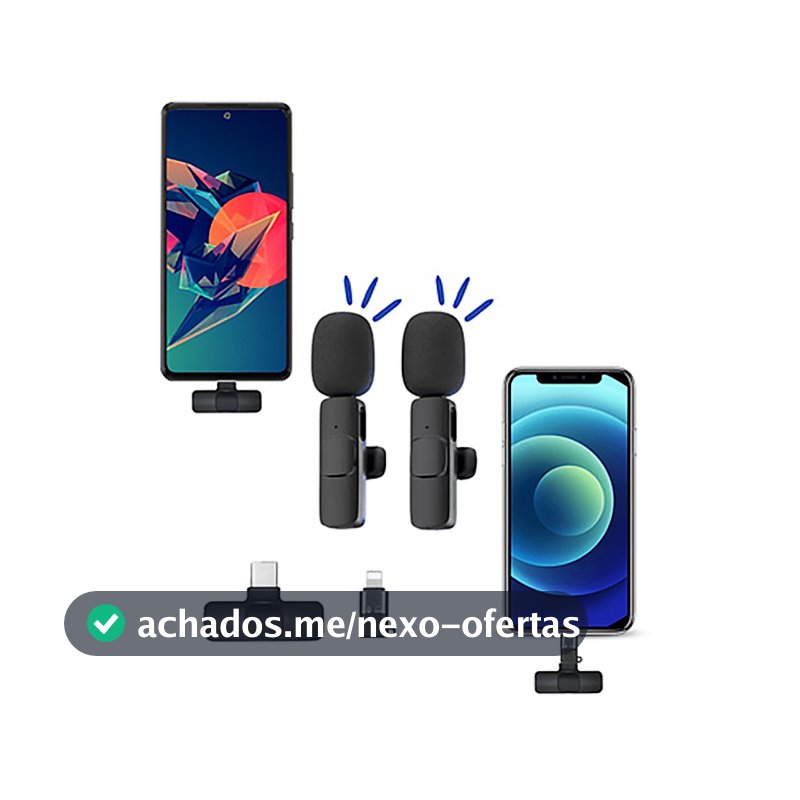 Microfones de lapela duplos sem fio para transmissão de longa distância com entradas Lightning e Type-C.