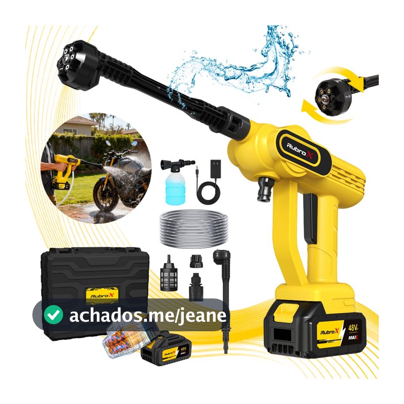RubroX Lavadora de alta pressão portátil  6 em 1 Premium – 2 Bateria de Longa Duração, 1200 PSI