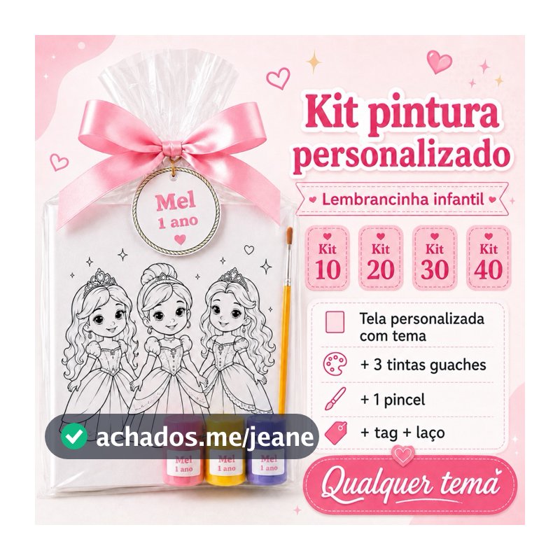 Kit Pintura Infantil com Tela Personalizada – Lembrancinha de Aniversário | Kits 10, 20, 30 ou 40 Unidades