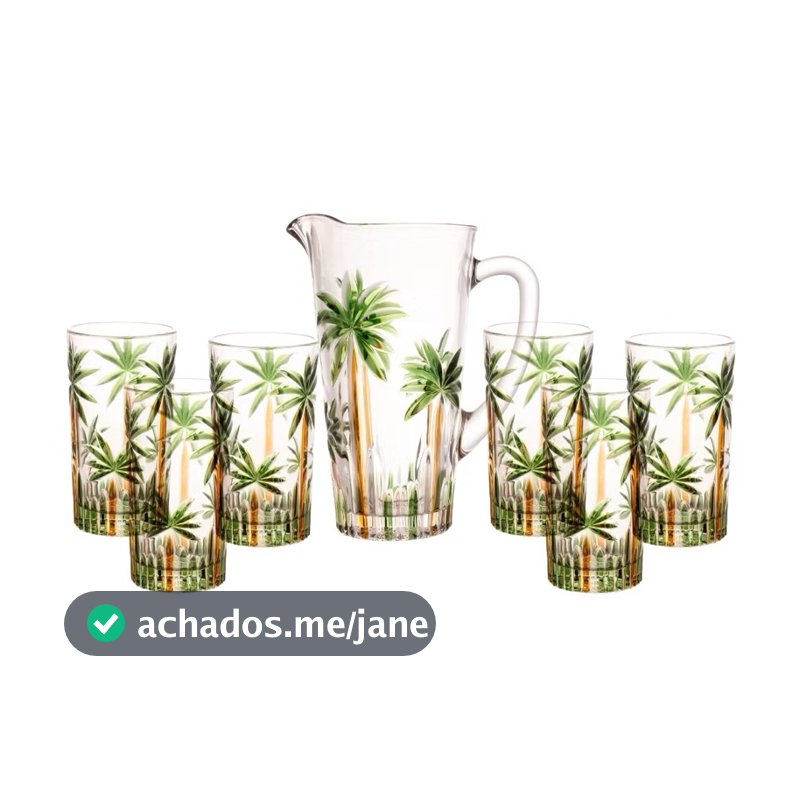 Conjunto Jarra 1,2L com 6 Copos 360ml Vidro Cristal Luxo Palm Tree Para Suco