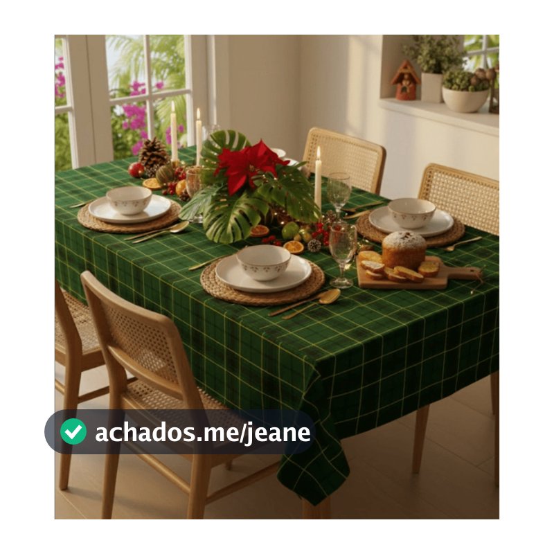 Toalha de Mesa Natal 100% Algodão Retangular com Saquinho de Algodão Cru - Magia de Natal Xadrez Verde