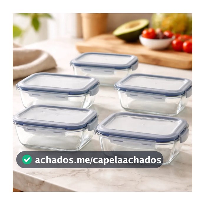 Kit 5 Pote Vidro Hermético 640 ml Retangular Marmita Fitness Tampa Hermética 4 Travas Marmitinha