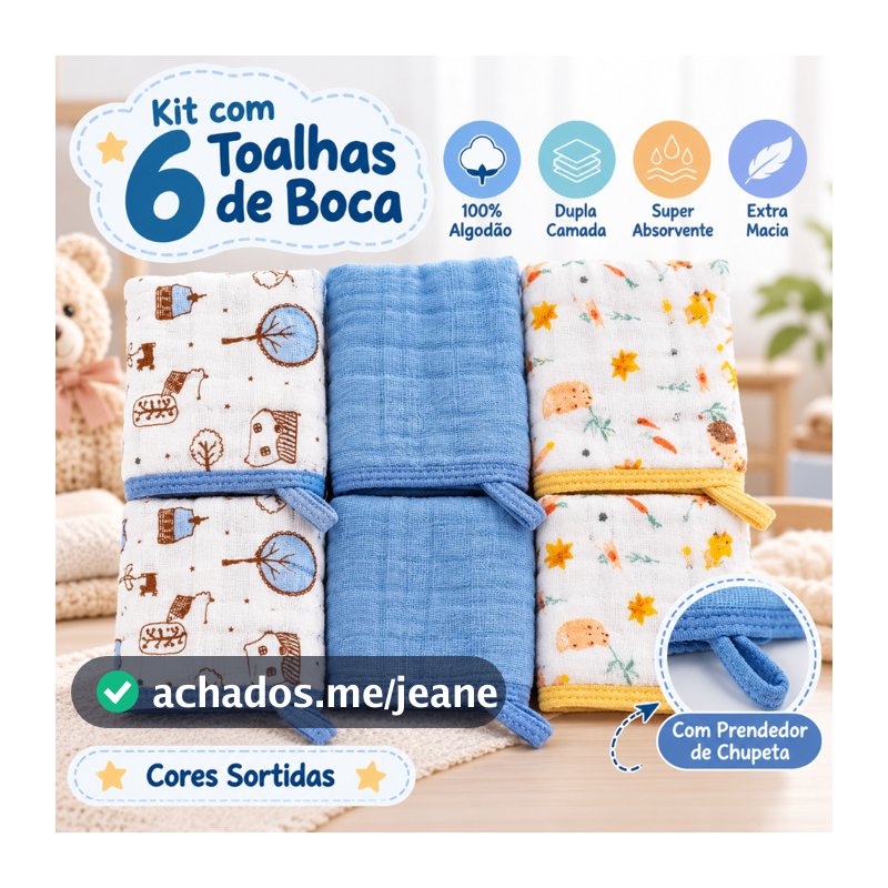Kit 6 Toalha Pano Fralda de Boca Babete Bebe Soft 100% Algodão Macio Sortido Prendedor de Chupeta