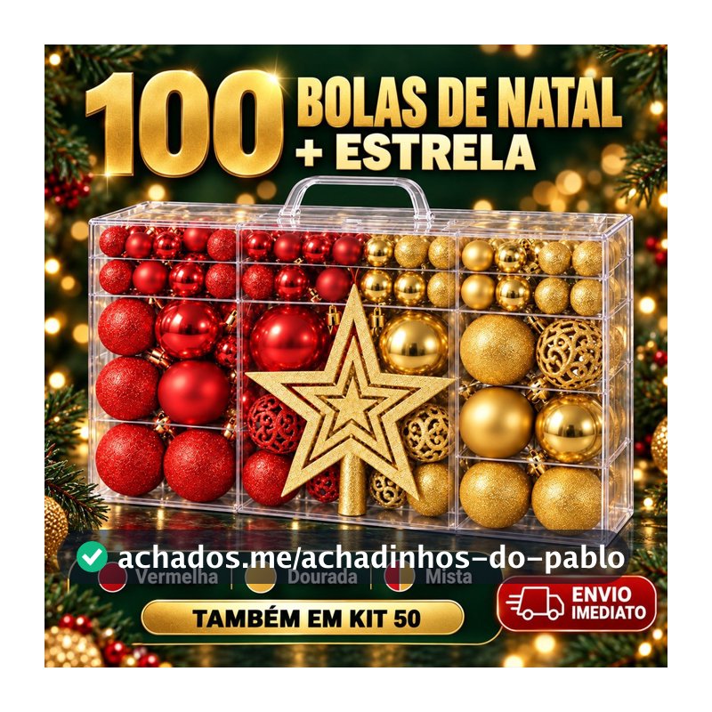 Kit 100 Bolas de Natal com Estrela ou Kit 50 Enfeite Árvore Vermelha Dourada Mista Fosca Glitter
