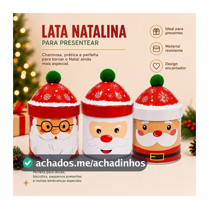 Lata De Natal Decorativa Redonda Com Tampa Pompom Papai Noel