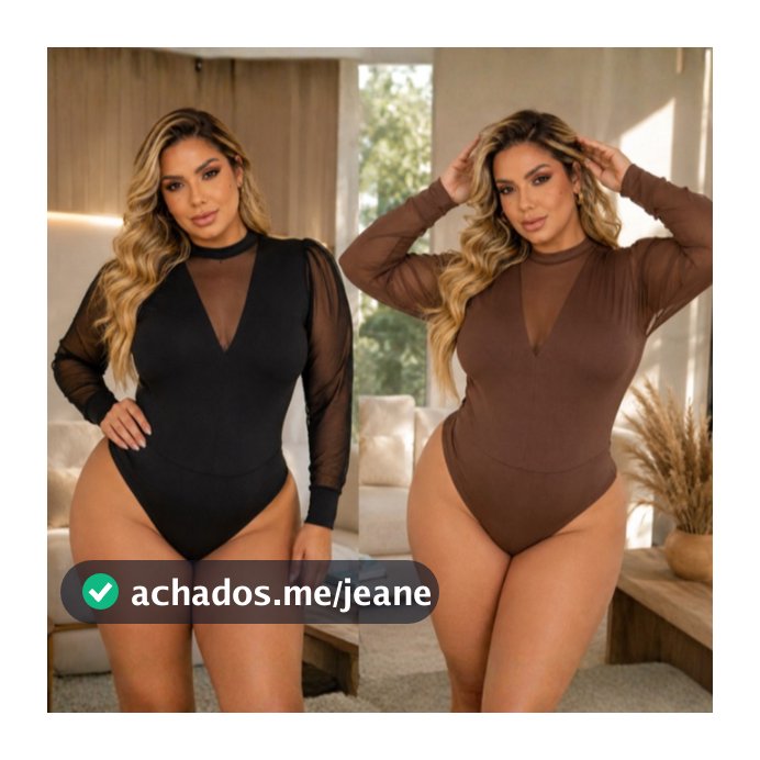 Body Feminino Plus Size liso Preto em Suplex Manga Longa Tule elegante