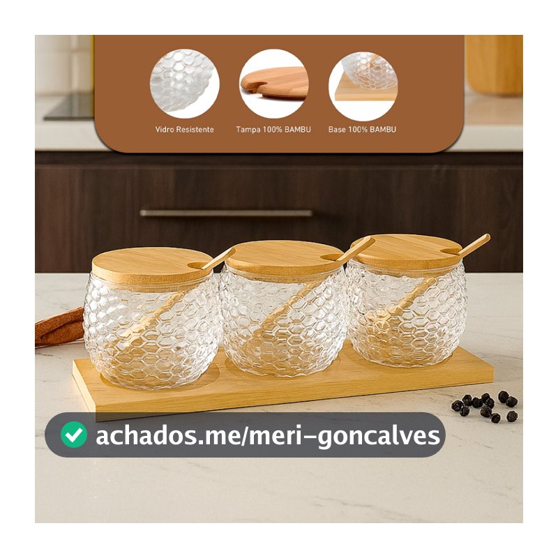 Meleira Mel Pote Vidro Tampa Colher Açucareiro Bambu 3peças