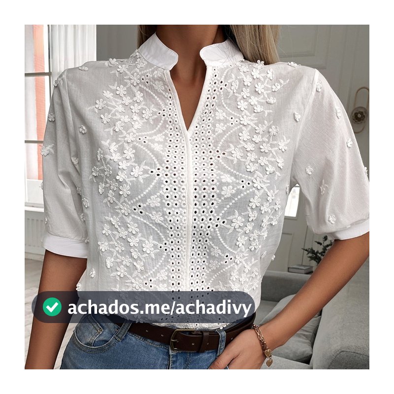 Manga Curta V-neck Lanterna Vestuário Feminino Moda Verão Blusa Feminina 2022 Bordado Algodão Camisas Brancas Blusas 14204