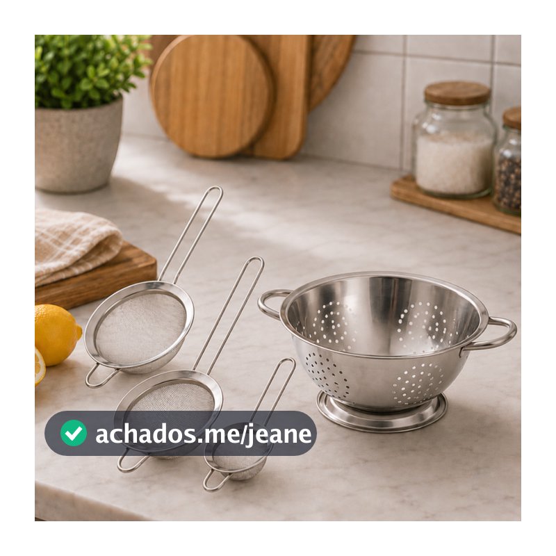Kit Escorredor De Massas Macarrão Alimentos Aço Inox Com Alça + 3 Peneiras Aço Inox