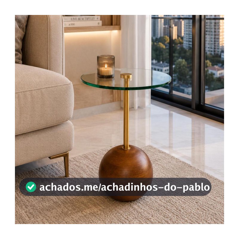 Mesa Lateral Moderna Premium Vidro e Madeira Maciça