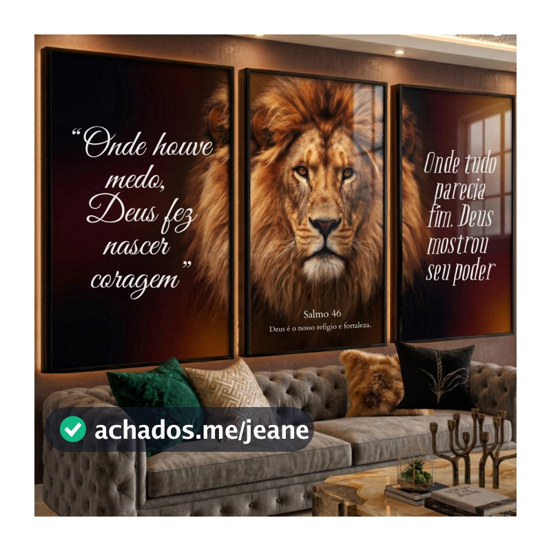 Quadro Decorativo Cristão Leão e Salmo 46 Coragem Poder de Deus para Sala e Quarto