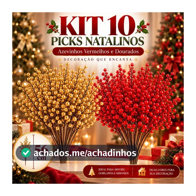 Kit 10 Pick Natalino Azevinho Artificial 56cm Galho Berry Cereja Enfeite Decoração Árvore de Natal Arranjos Guirlanda