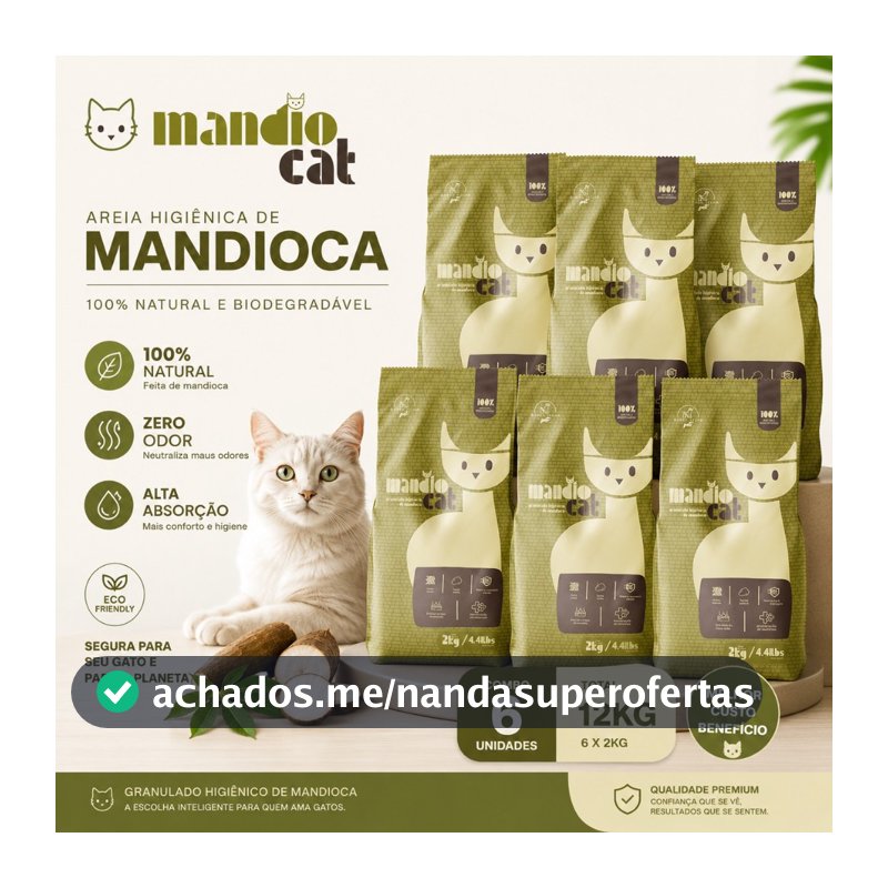 Areia Gato 100% Mandioca - Mandio Cat | Zero Odor, Alta Absorção e Torrões Firmes 12kg