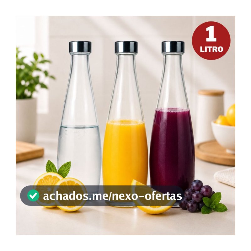 Garrafa de Vidro 1 Litro Tampa Inox Para Água Suco Chá Geladeira Jarra Fechamento Hermético