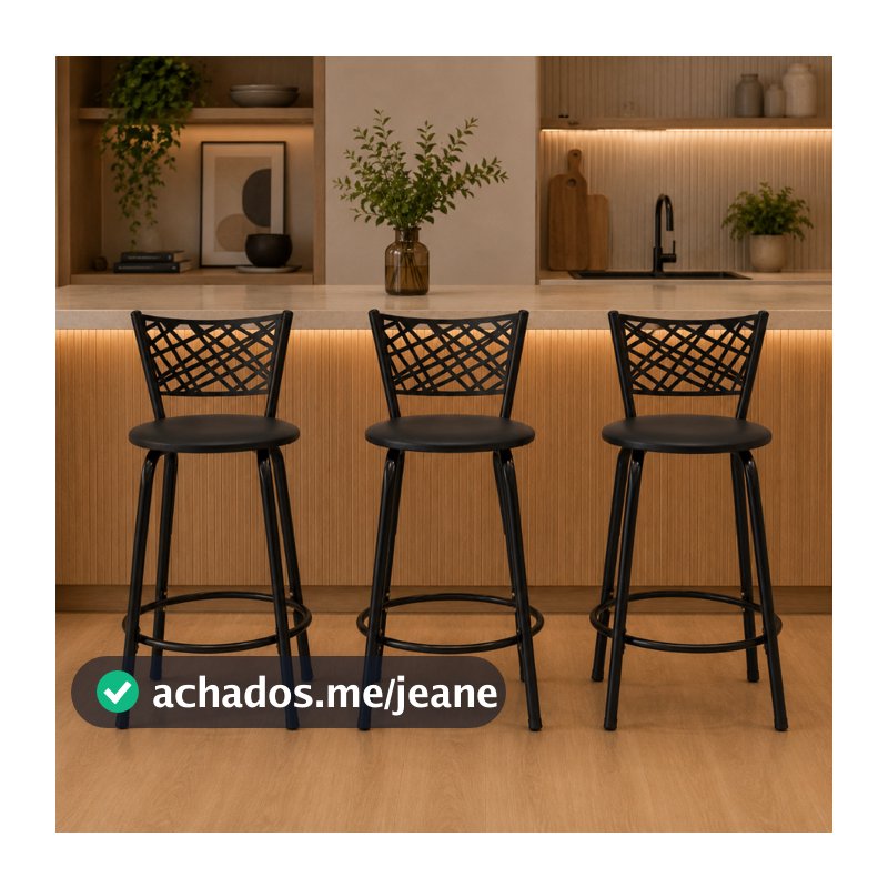 Kit 3 Bancos Banquetas 60cm Eclipse Preta Cozinha Mesa Jantar Bistrô Área Gourmet Piscina