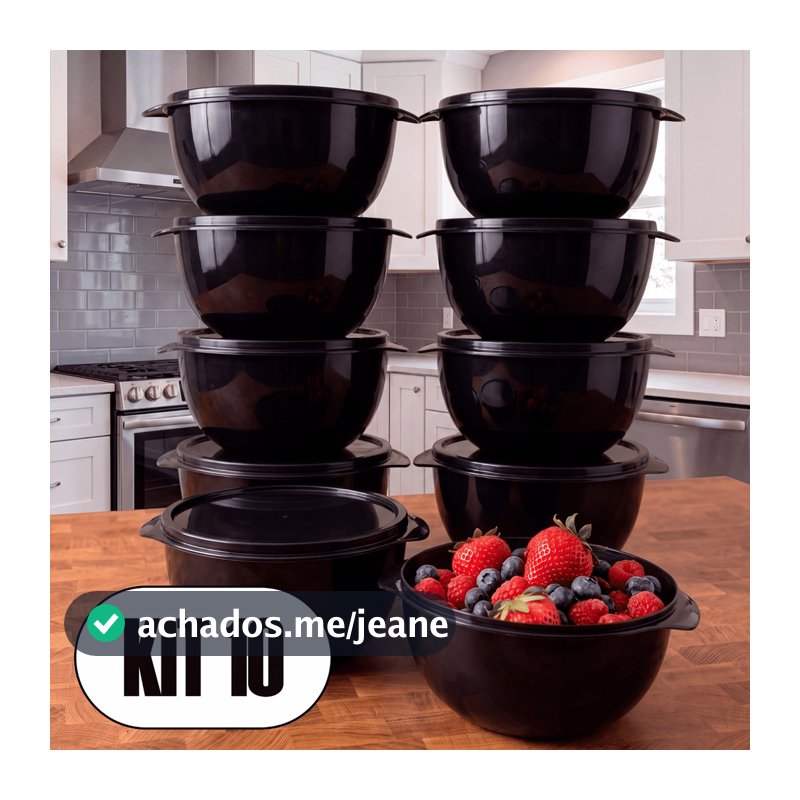 Kit 10 Bowls Preto 1000ml com Tampa Potes Kaziva - Reforçados Cozinha Alimentos e Marmitas Congelador