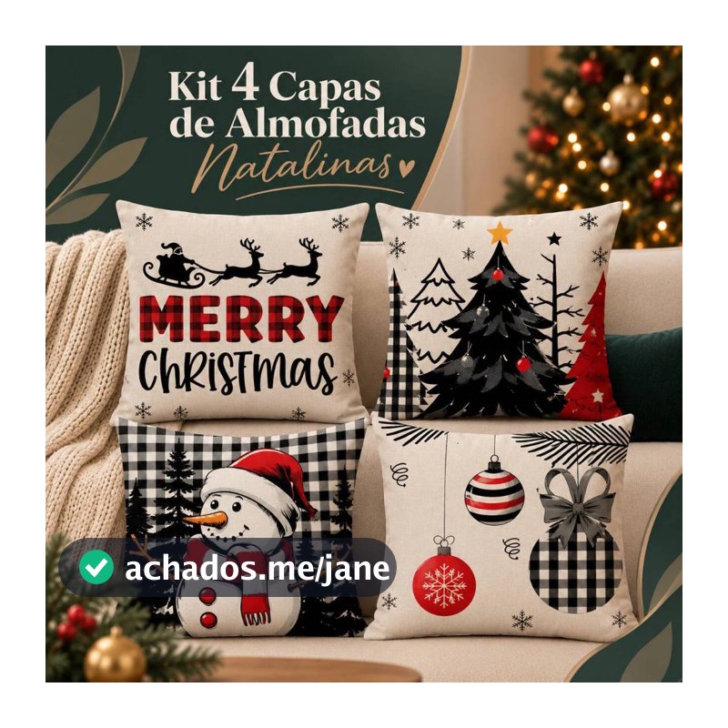 Kit 4 Capas Almofada Digital Decorativa De Natal 43x43 Cm