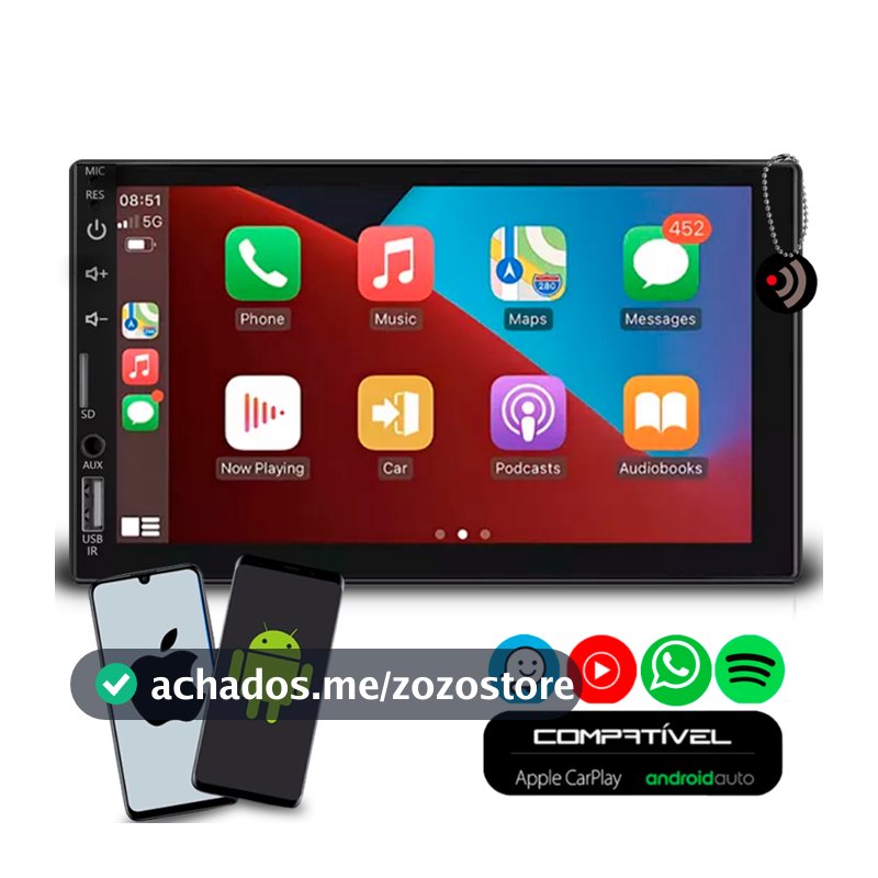 Multimídia 7 Polegadas Carplay AndroidAuto Com Espelhamento de Celular Bluetooth Apps Spotify Gps e Entrada Câmera De Ré