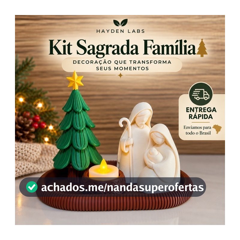 Presépio de Natal com Sagrada Família, Árvore, Vela LED e Bandeja - Decoração Natalina