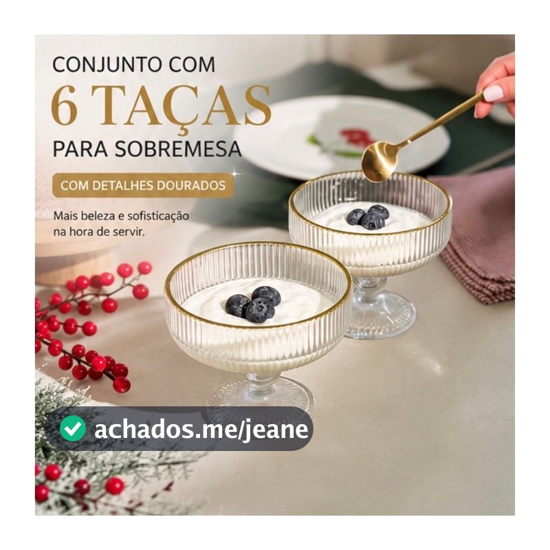 Conjunto 6 Taças de Vidro para Sobremesa com Detalhe Dourado