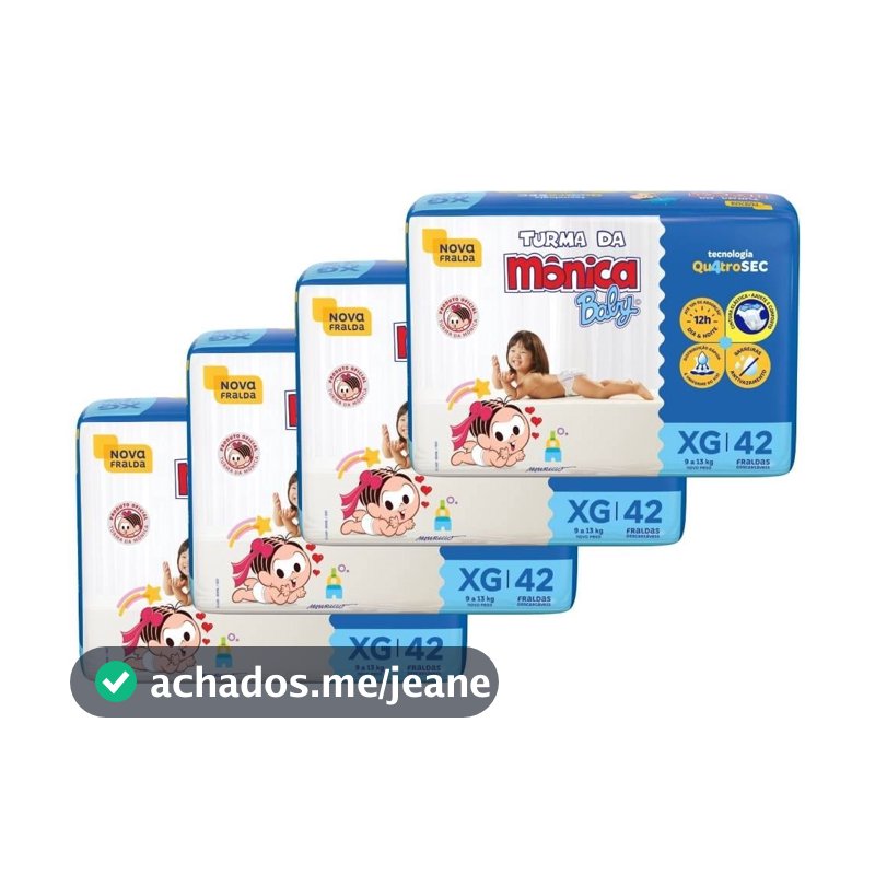 Fralda Descartável Turma da Mônica Tamanho XG - 4 Pacotes com 42 Fraldas - Total 168 Tiras
