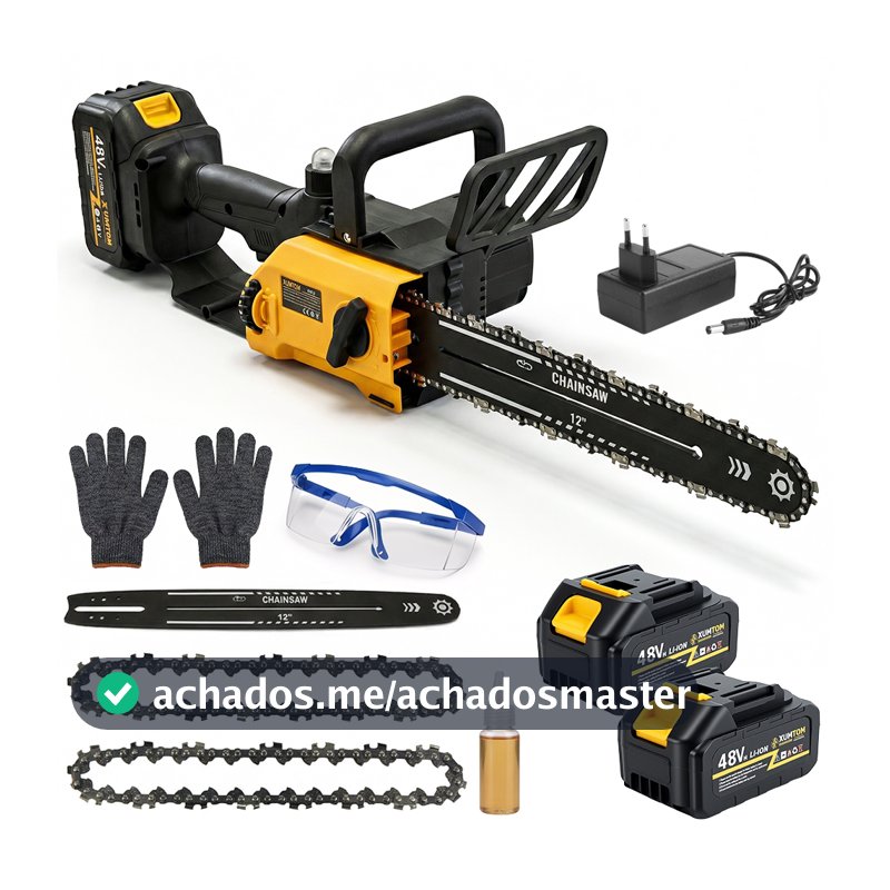 Motosserra 48V Elétrica Profissional Brushless 1200W Com 2 Baterias 48V Kit ferramentas completo