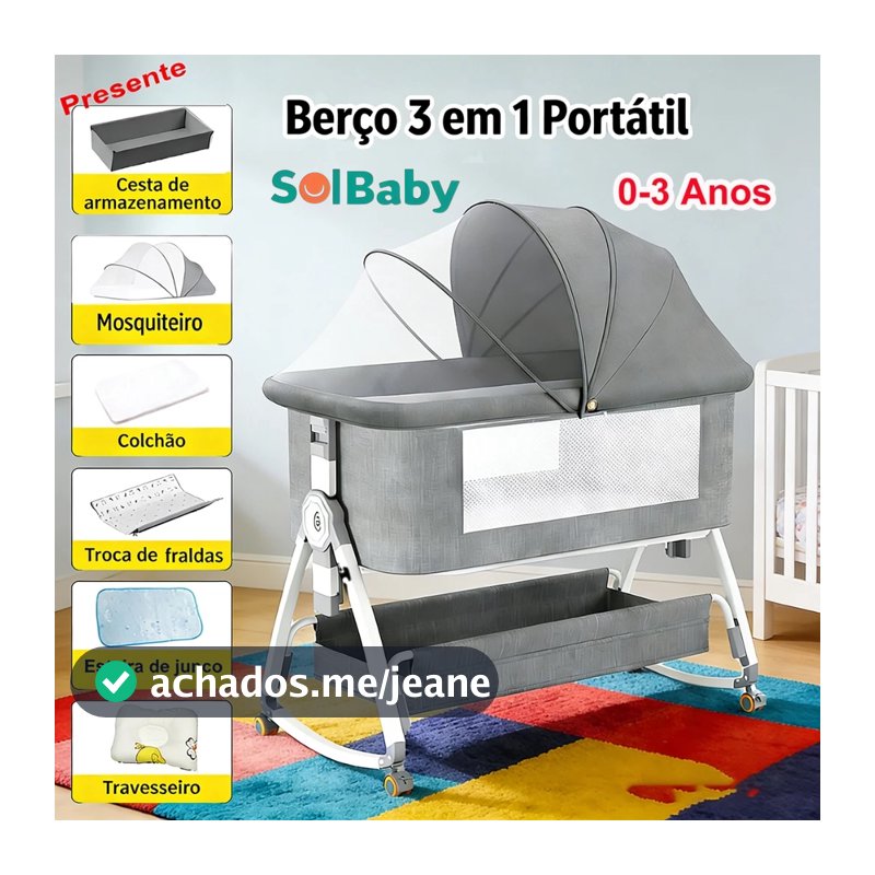 Berço Moises 3 em 1 Portátil 0 a 3 Anos com Balanço, Mesa de Fraldas, Mosquiteiro e Altura Ajustável