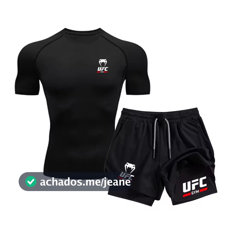 Kit Camiseta de Compressão Short 2 em 1 UFC Cobra Academia Gym Luta Muay Thai MMA