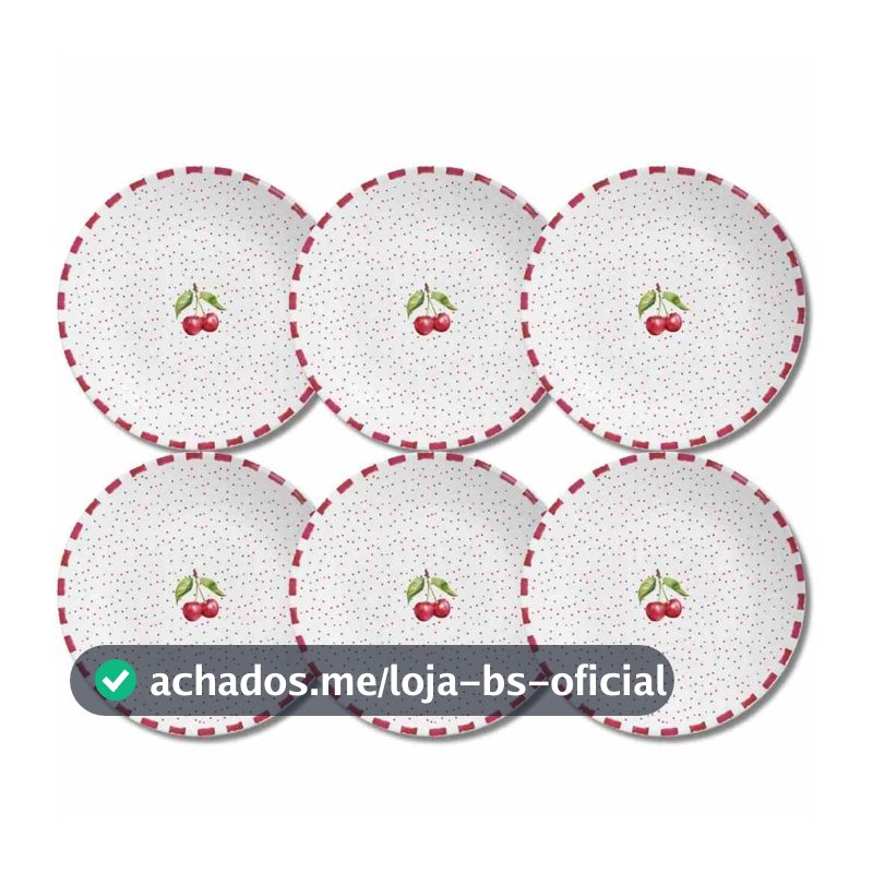 Jogo 6 Prato Raso De Cereja Amarena Em Cerâmica Alleanza Branco e Vermelho Prato de Jantar