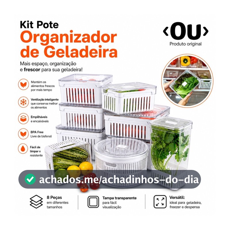Kit Pote Organizador de Geladeira Com Escorredor Cesto Tampa Multiuso Alimentos Verdura Vegetais OU