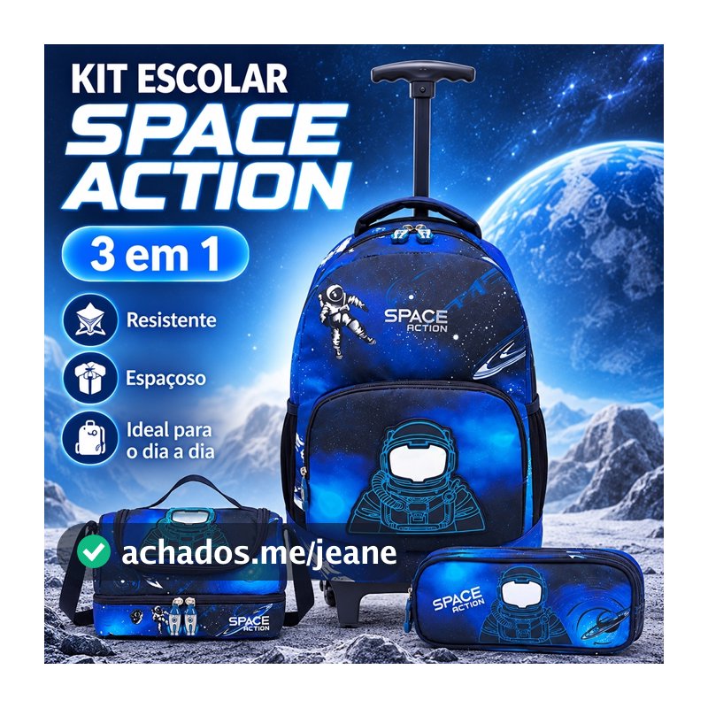 Guelph Kit Mochila azul com rodas com motivo de astronautas da equipada com lancheira e bolsa para material escolar