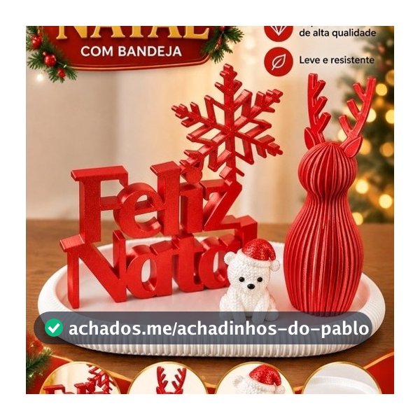 Kit Decoração de Natal com Bandeja Feliz Natal em 3D Vermelho Leve e Resistente