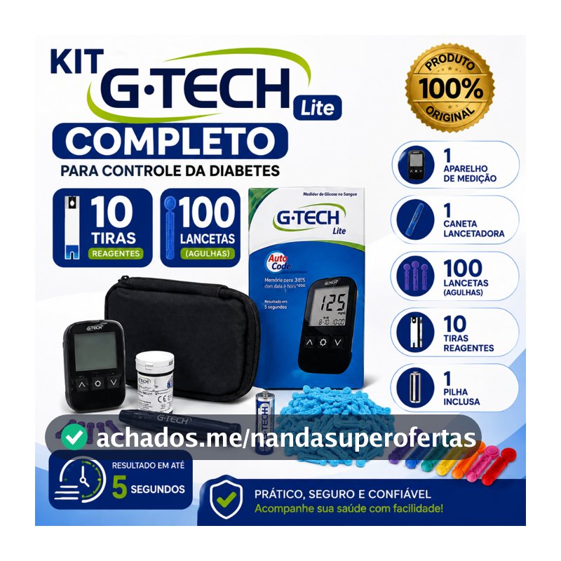 Kit G-Tech Lite Glicosímetro Medidor de Glicose + 10 Tiras + 110 Lancetas