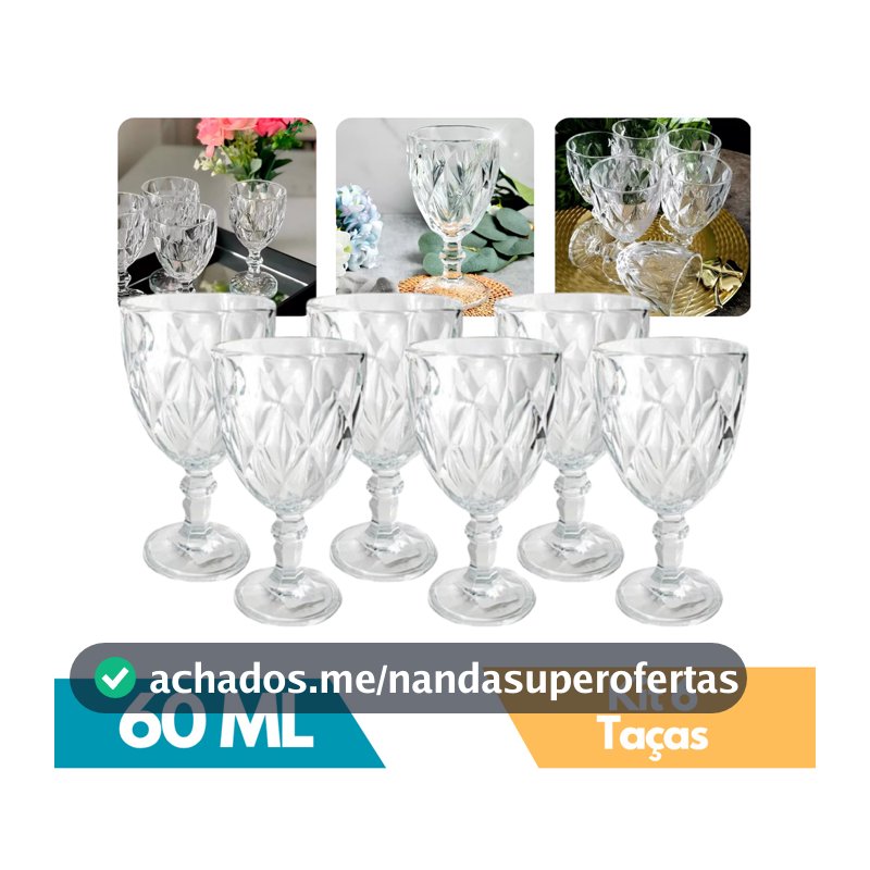 Kit 6 Taças de Licor 60ml Vidro Diamante Cristal Sofisticado Elegante