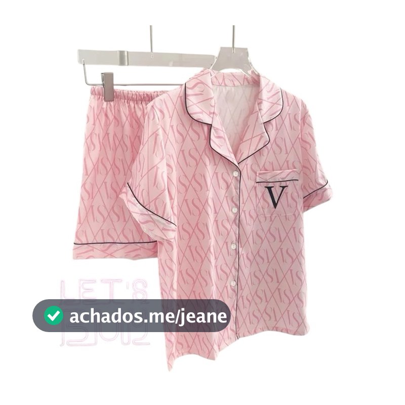 Pijama feminino curto conjunto cetim premium, Rosa e na cor Azul bebê  Feminino, modelo pijama Americano