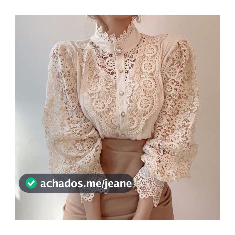 Camisa Feminina Francesa Elegante E Com Botão Oco Blusas De Renda Gola