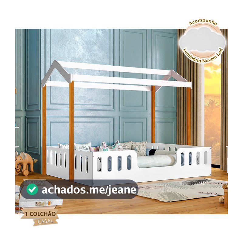 Cama Infantil +kit D28 Casal Casinha Segura Montessoriana Ágatha Branco/mel + Luminária