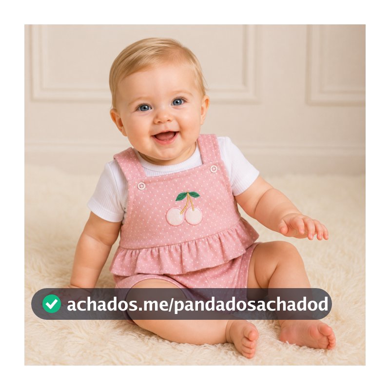Conjunto Para Bebê Menina Jardineira Malha Trabalhada + Camiseta Ribana Cereja Manga Curta
