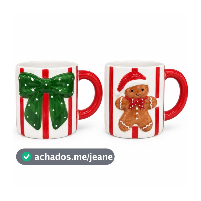 Caneca Natalina Cerâmica 13cm Laço ou Biscoito Gingerbread Decoração Natal Xícara Café Chá Bebidas