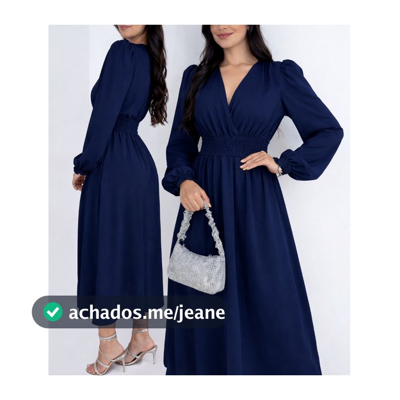 Vestido Midi Manga Longa Cintura e Punho em Lastex Elegante Moda Evangélica Azul