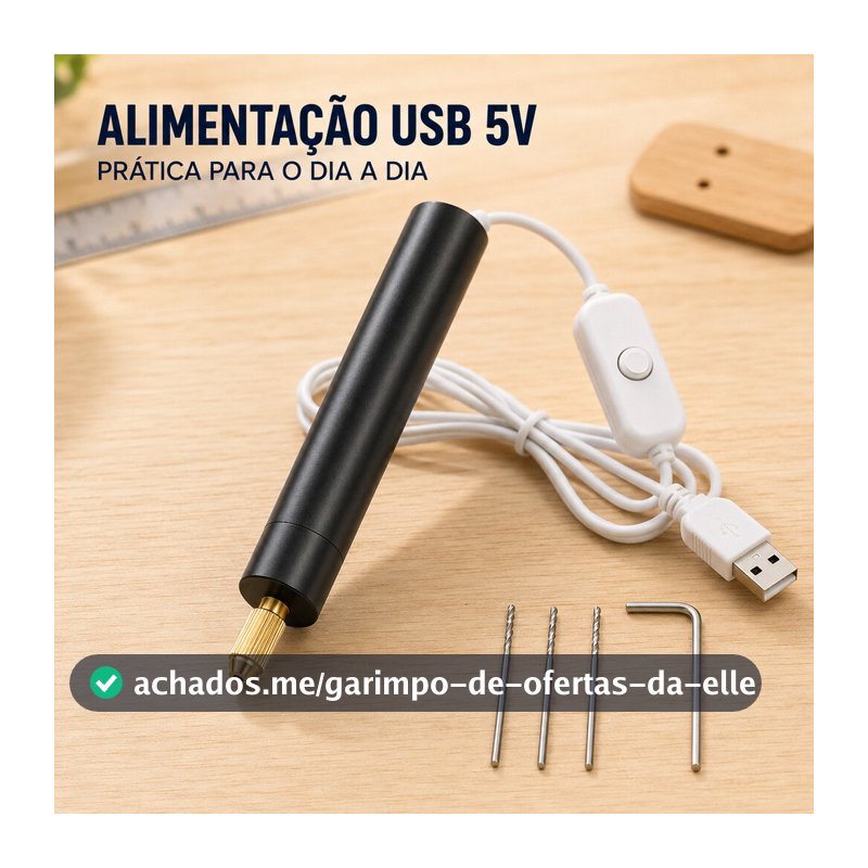 Kit Mini Furadeira Elétrica 5V com Cabo USB, 3 Brocas e Chave para Projetos DIY Criativos