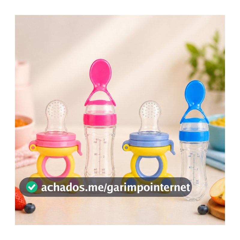 Kit Alimentação Chupeta Mordedor Bebê Porta Frutas e Mamadeira de Silicone com Colher Dosadora