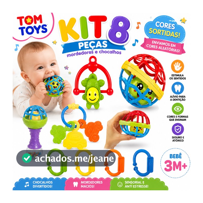 Kit Mordedor para Bebê brinquedo Sensorial Silicone com Chocalho 2/4/8 Peças Coloridas