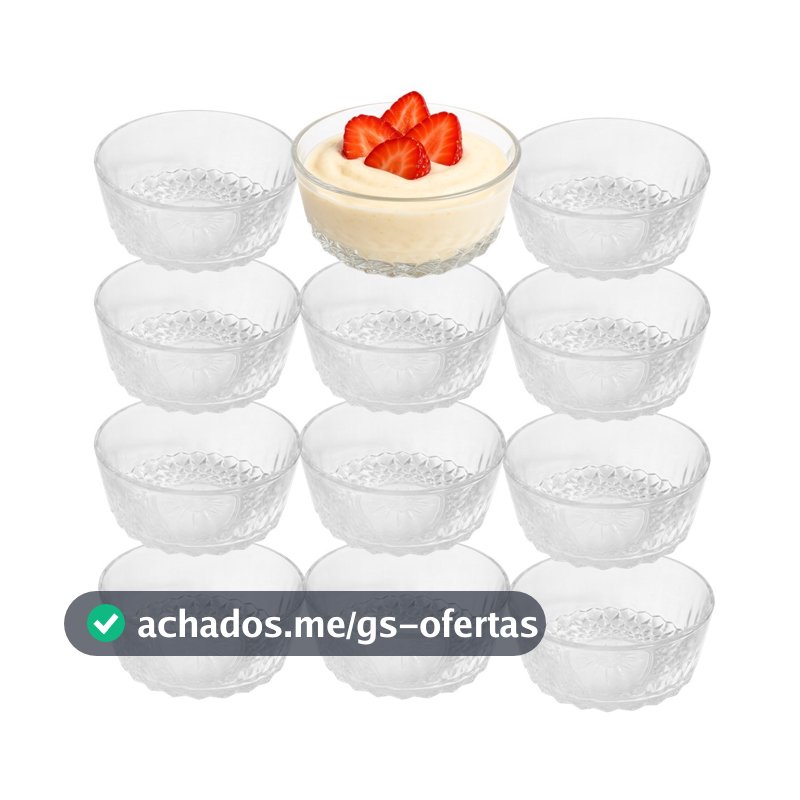 Jogo 12 Bowl de Vidro Pote para Sobremesa Clear Diamantino 260ml Em Casa Tem