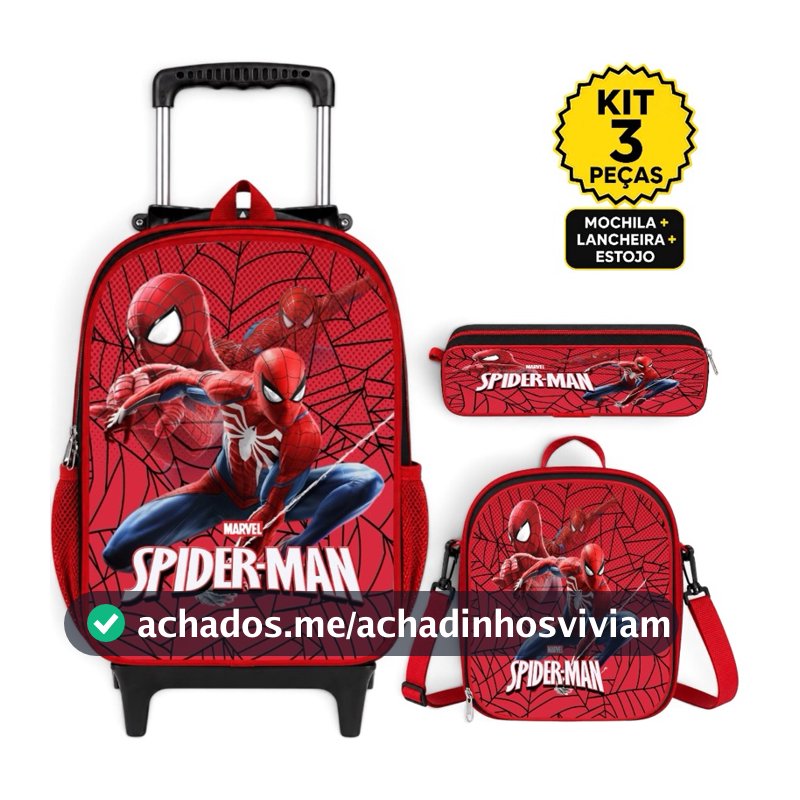 Mochila infantil escolar de Rodinha + Lancheira Termica e estojo Homen Aranha