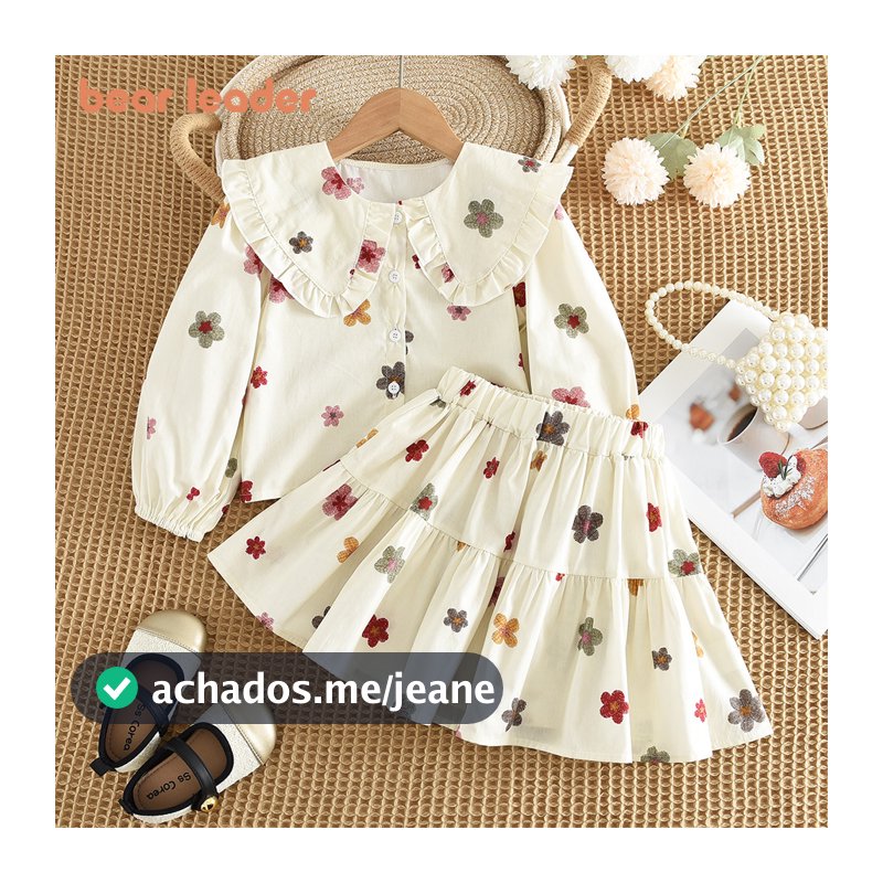 Bear Leader Primavera E Outono Lapela Bege Roupas Para Meninas Versão Coreana Doce Flor Estampa Camisa De Manga Longa To