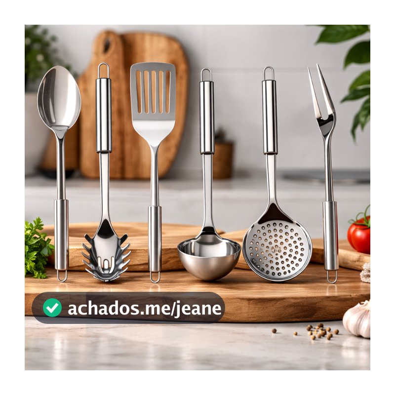 Kit 6 Utensílios de Cozinha em Aço Inox Escumadeira Concha Colher Arroz Pegador Massa Garfo Trin