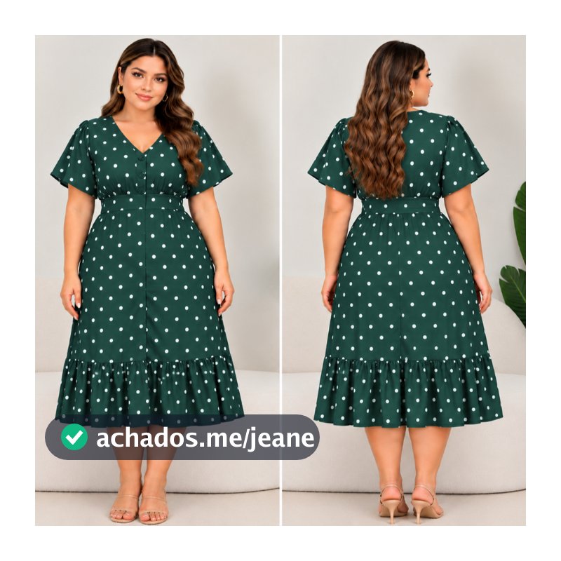 Vestido Midi Feminino Poa Plus Size Manga Curta com Elatex nas Costas / Moda Evangelica Com Botões e Forro