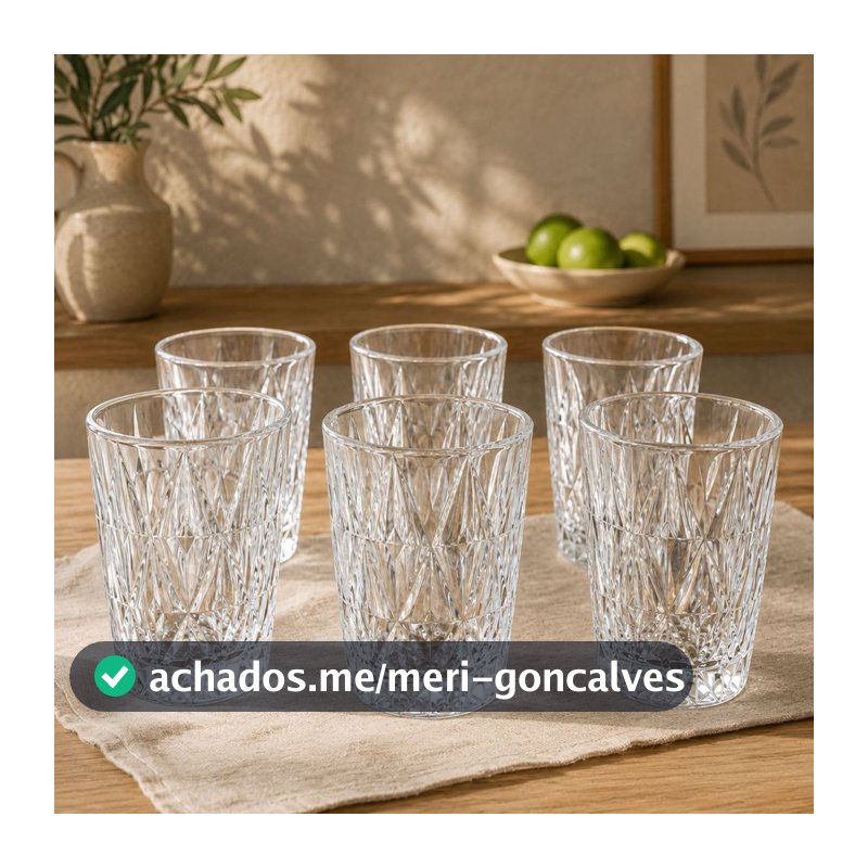 Jogo 6 Copos Baixos Diamond 300ml Vidro Grosso Diamante Luxo